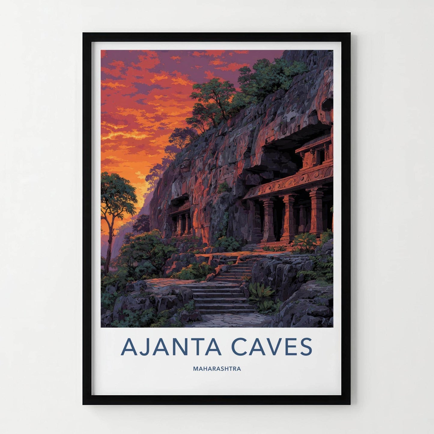Ajanta Caves Poster - Maharashtra Travel Illustration - Dramatic Sunset Temples Home Decor