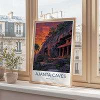 Ajanta Caves Poster - Maharashtra Travel Illustration - Dramatic Sunset Temples Home Decor