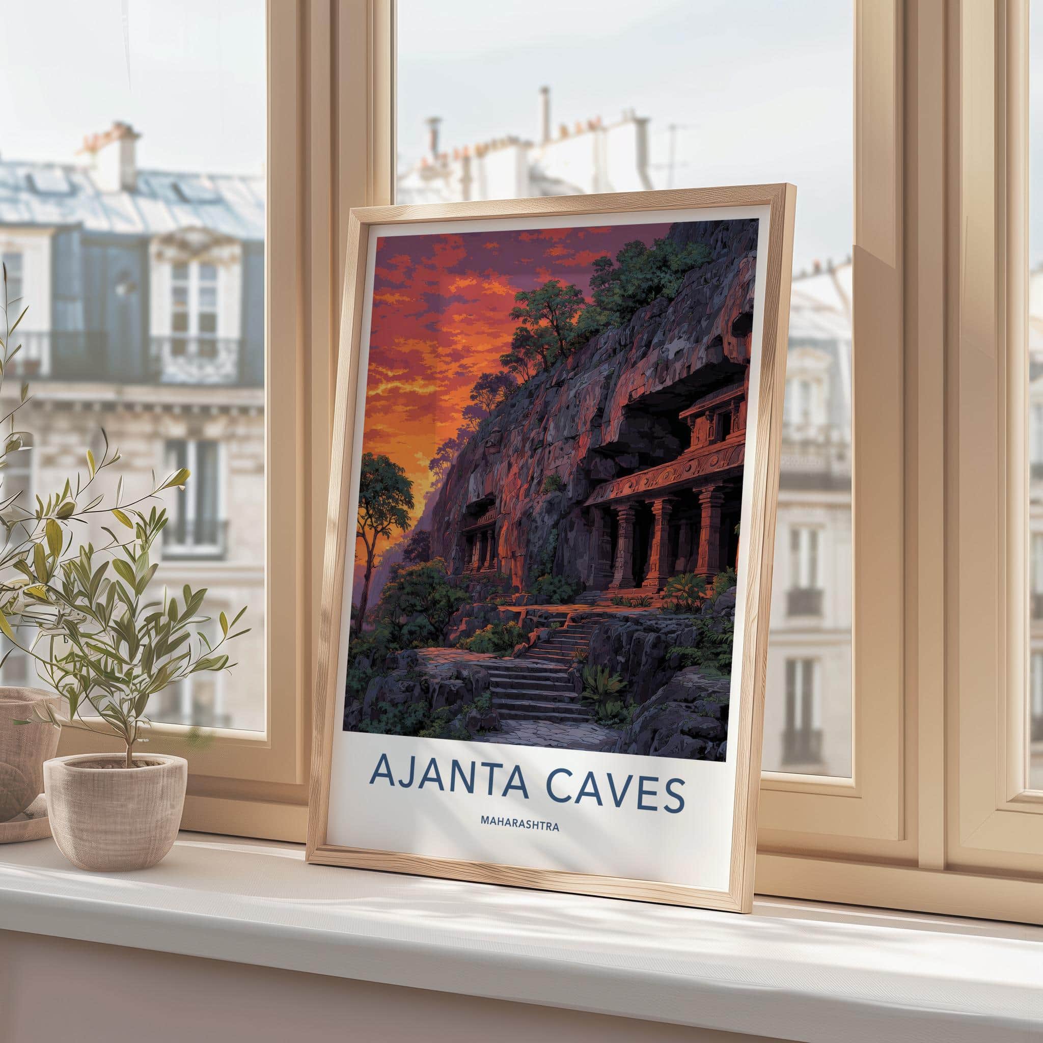 Ajanta Caves Poster - Maharashtra Travel Illustration - Dramatic Sunset Temples Home Decor