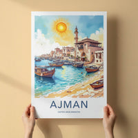 Ajman Poster - United Arab Emirates Travel Art - Boats Docked Harbor Home Decor