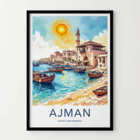 Ajman Poster - United Arab Emirates Travel Art - Boats Docked Harbor Home Decor