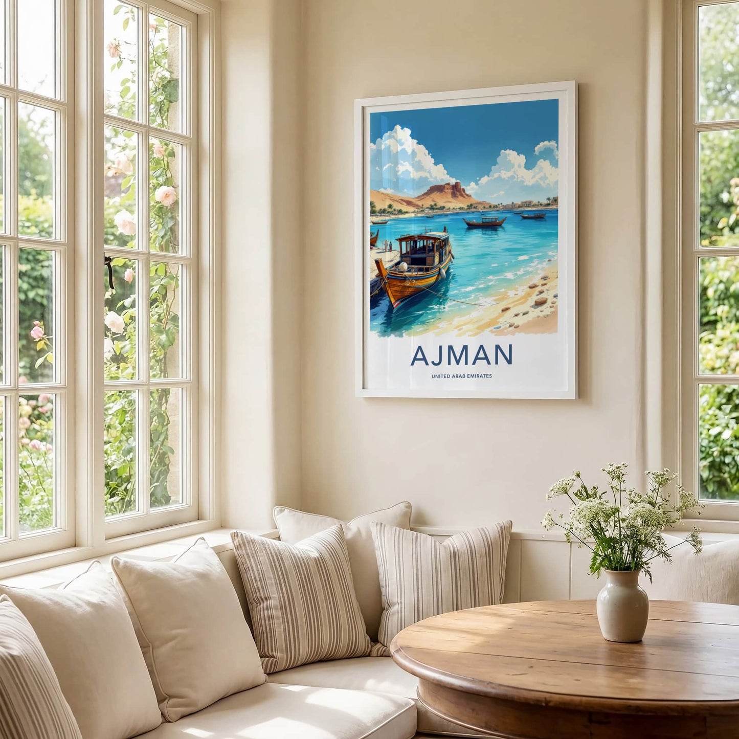 Ajman Poster - United Arab Emirates Wall Art - Dhow Boats Coast Home Decor