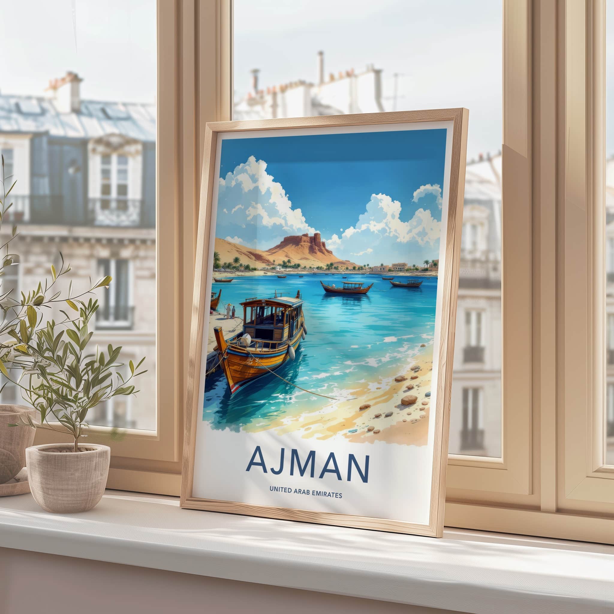 Ajman Poster - United Arab Emirates Wall Art - Dhow Boats Coast Home Decor