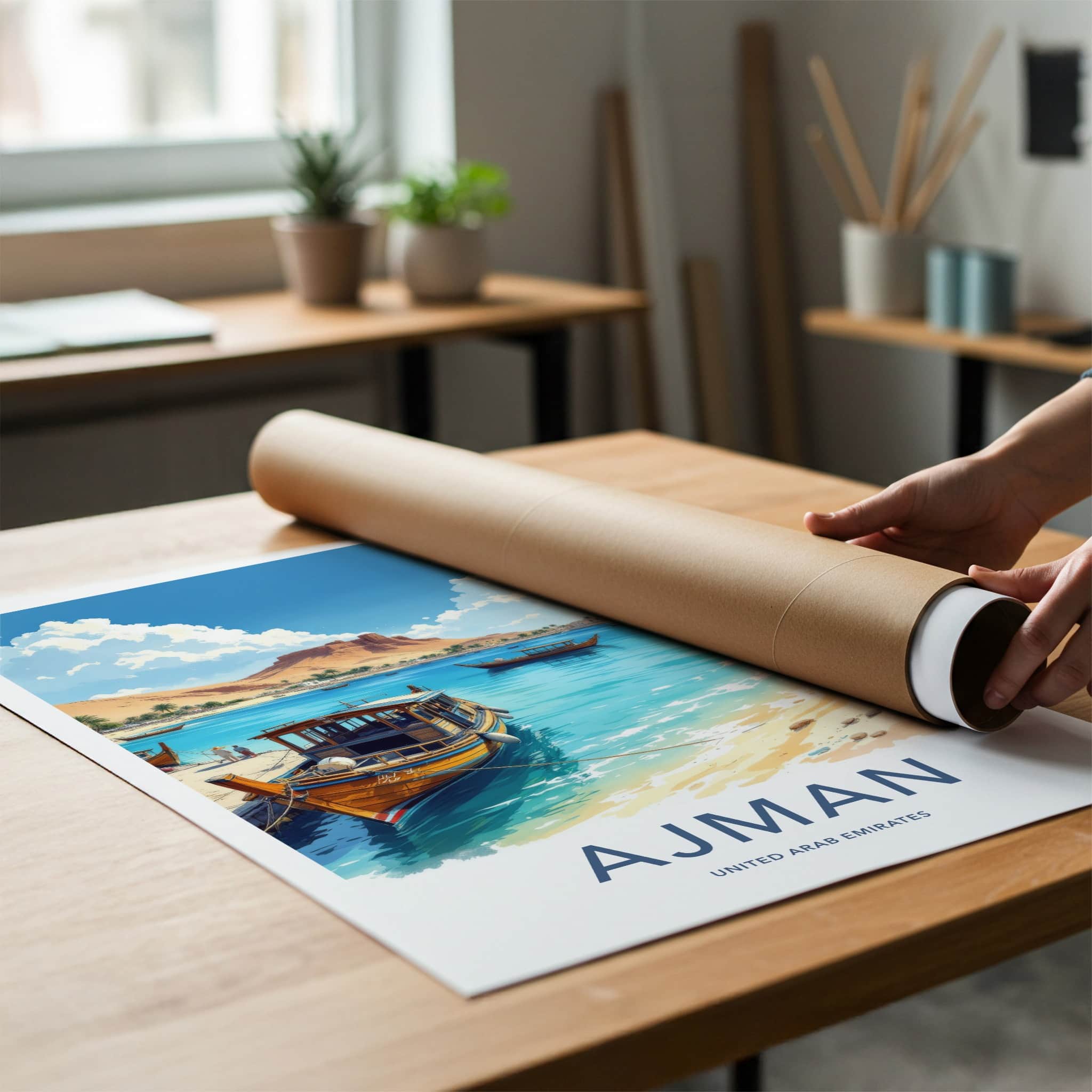 Ajman Poster - United Arab Emirates Wall Art - Dhow Boats Coast Home Decor