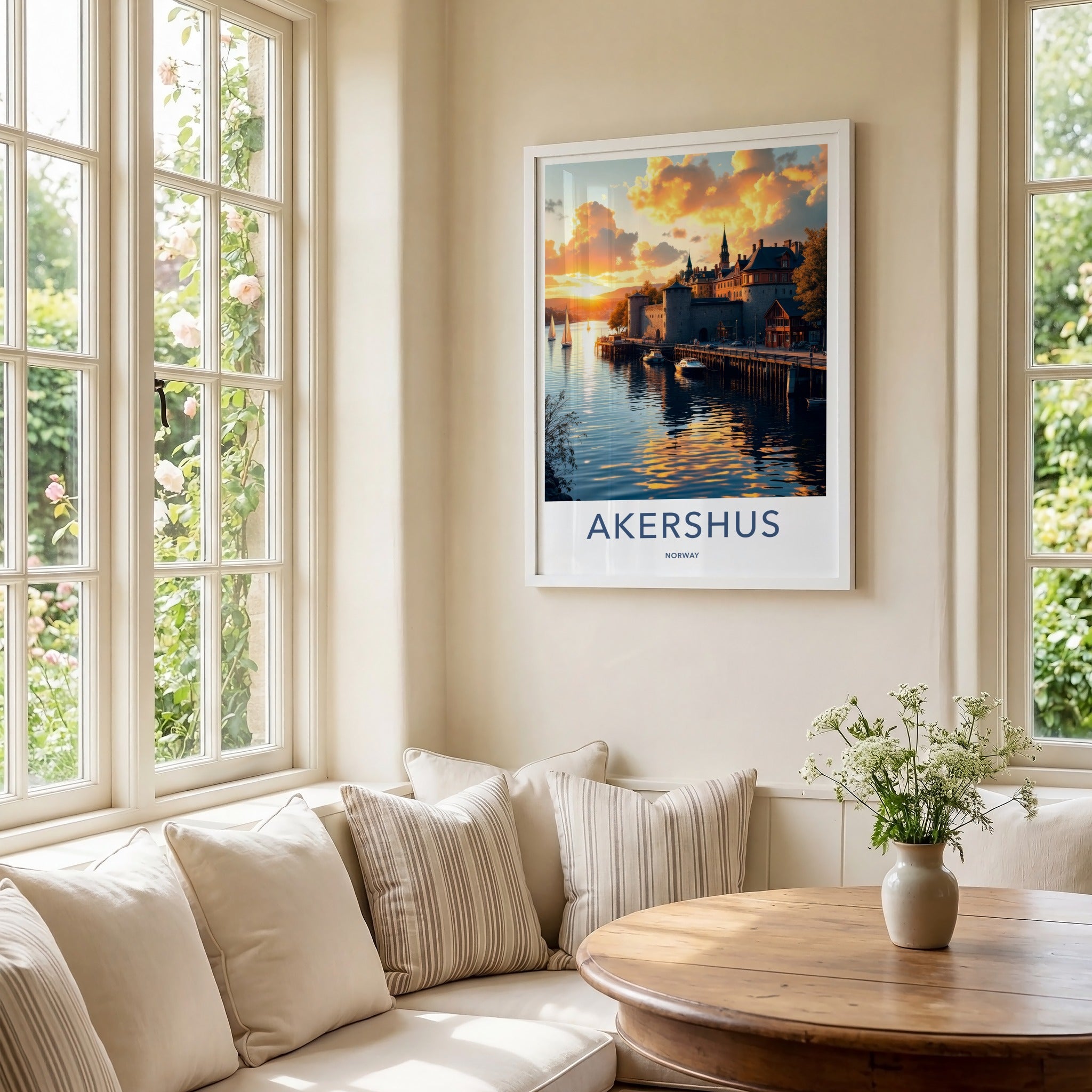 Akershus Poster - Norway Travel Art - Golden Harbor Sunset Home Decor