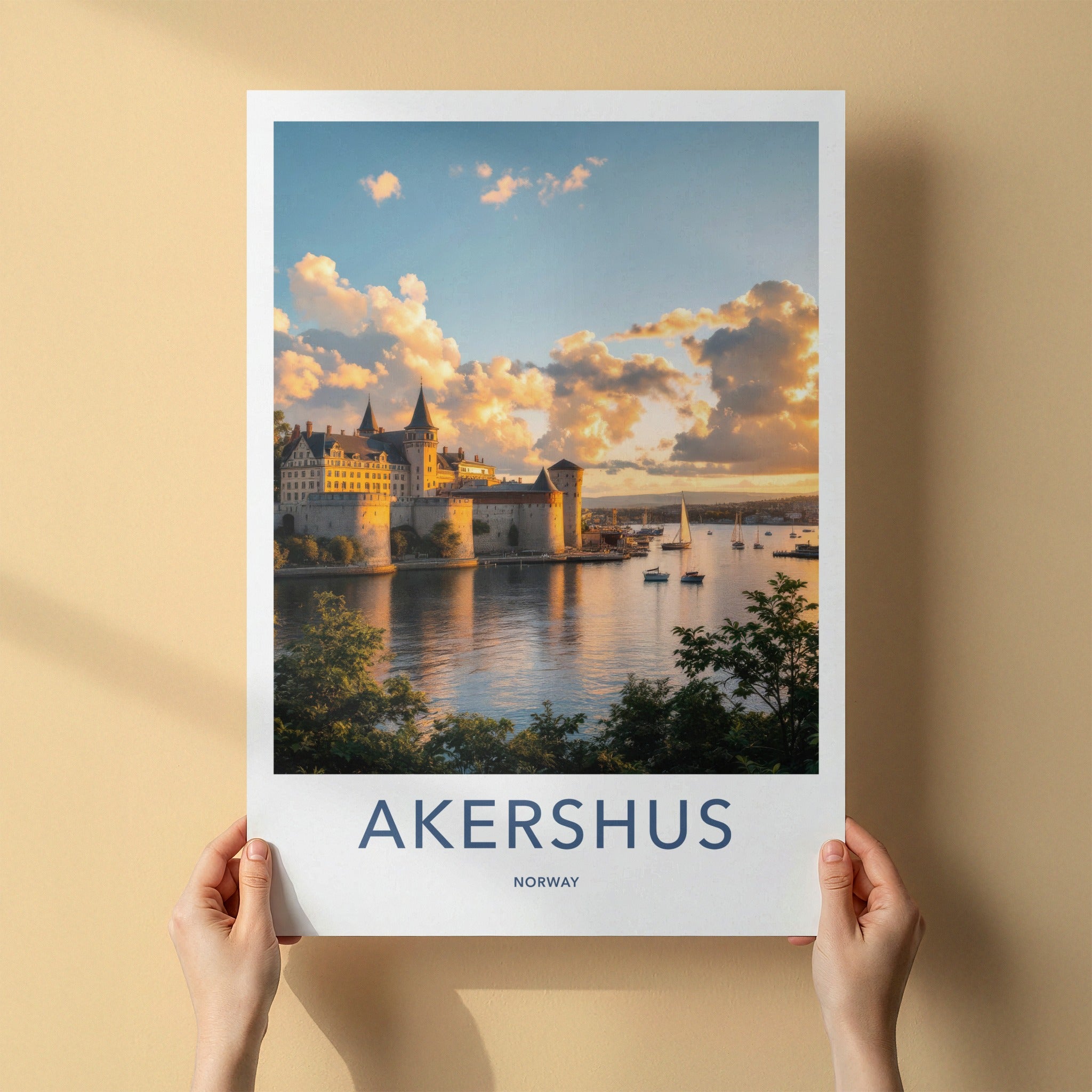Akershus Poster - Norway Travel Art - Sunset Castle Harbor Home Decor