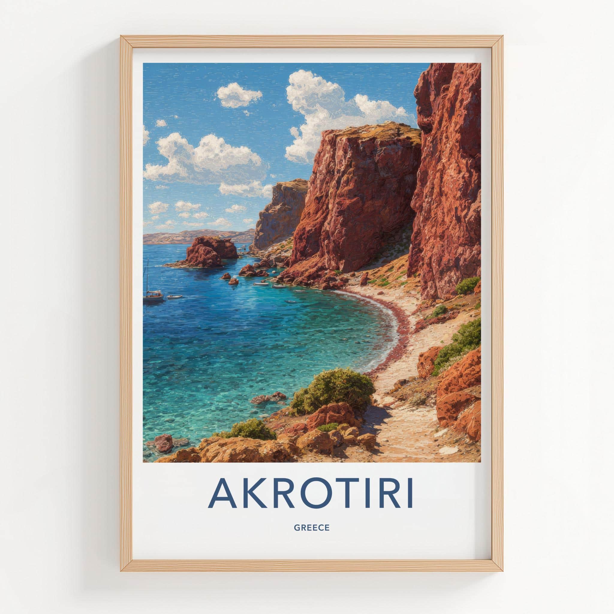 Akrotiri Poster - Greece Travel Illustration - Azure Water Cliffs Wall Decor