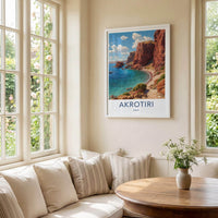 Akrotiri Poster - Greece Travel Illustration - Azure Water Cliffs Wall Decor