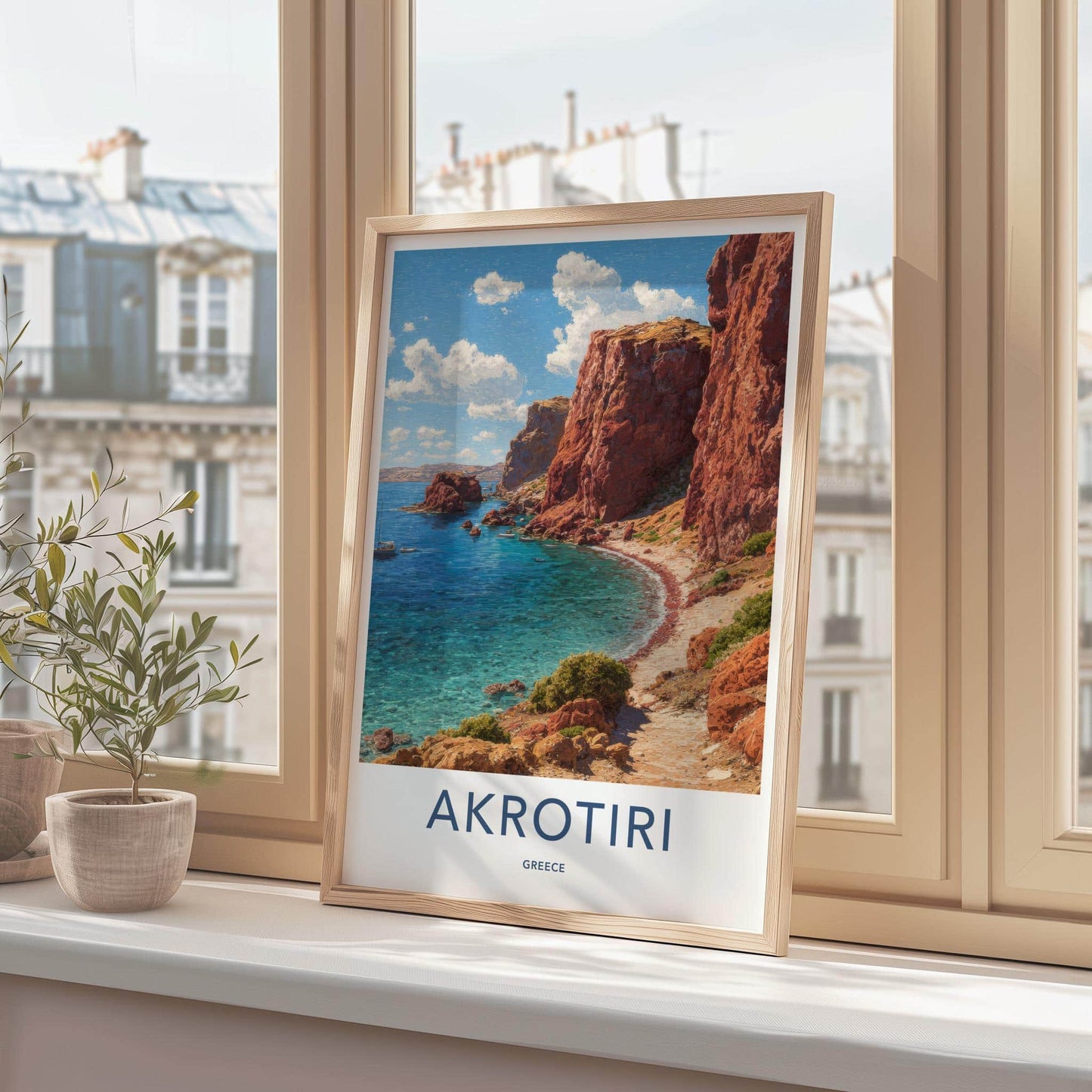 Akrotiri Poster - Greece Travel Illustration - Azure Water Cliffs Wall Decor