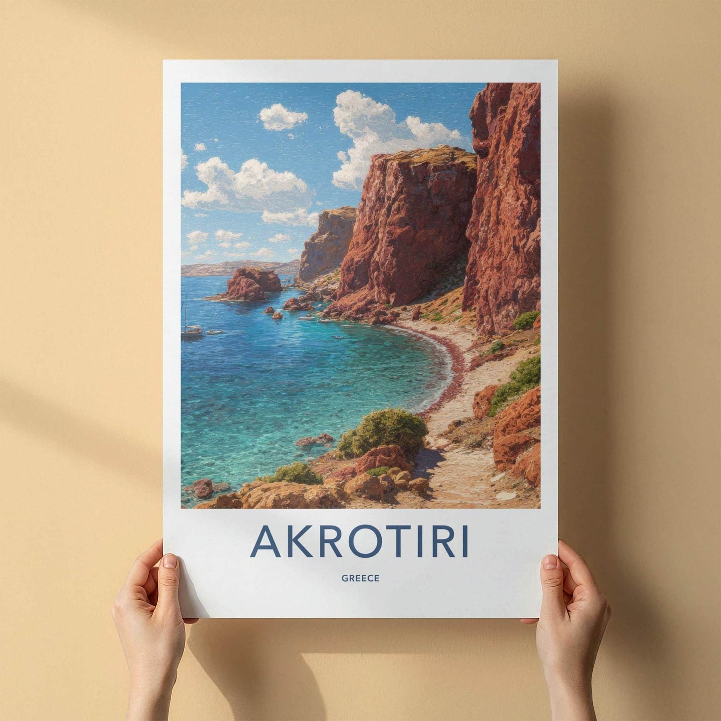 Akrotiri Poster - Greece Travel Illustration - Azure Water Cliffs Wall Decor