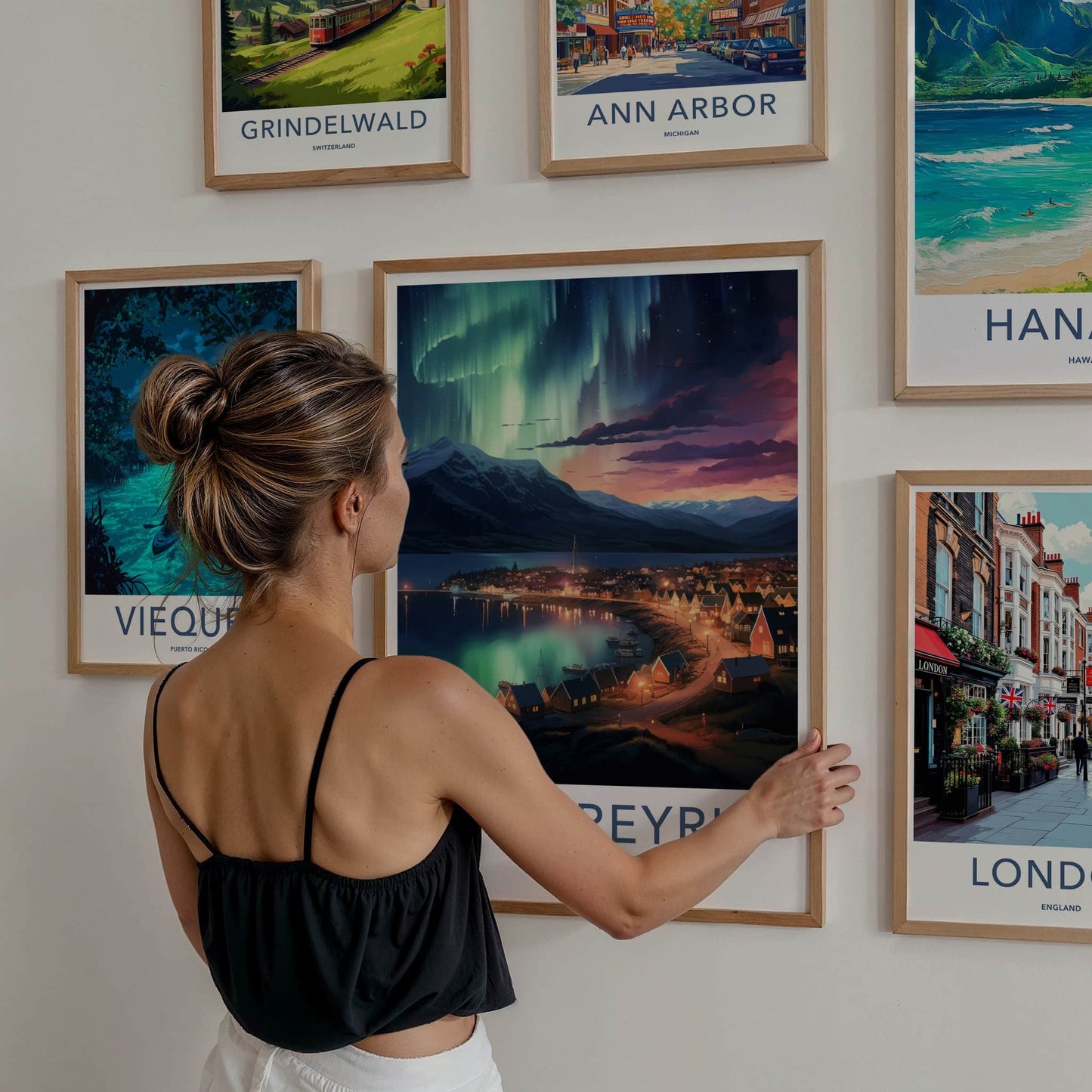 Akureyri Poster - Iceland Art Print - Northern Lights Town Wall Decor