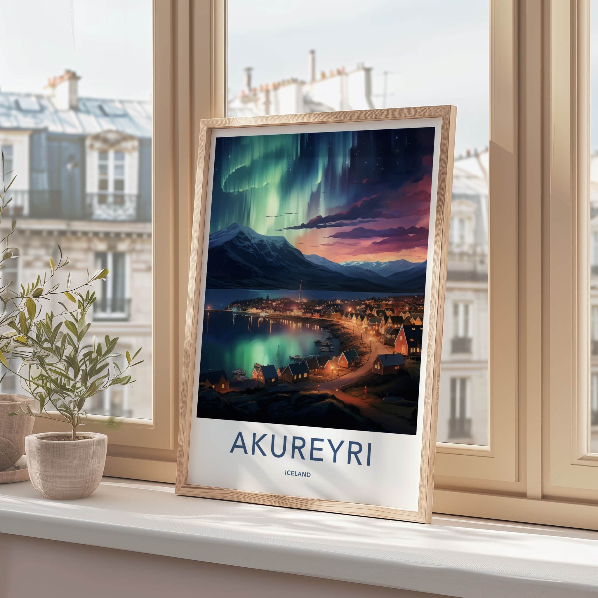 Akureyri Poster - Iceland Art Print - Northern Lights Town Wall Decor