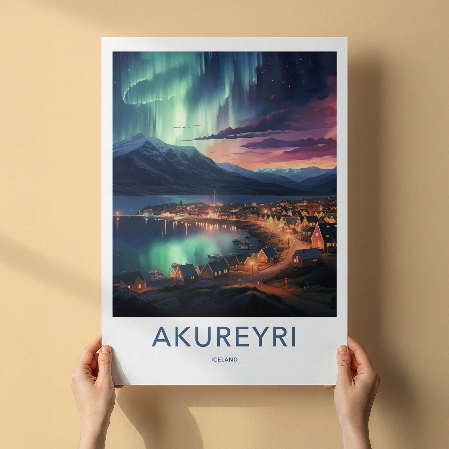 Akureyri Poster - Iceland Art Print - Northern Lights Town Wall Decor