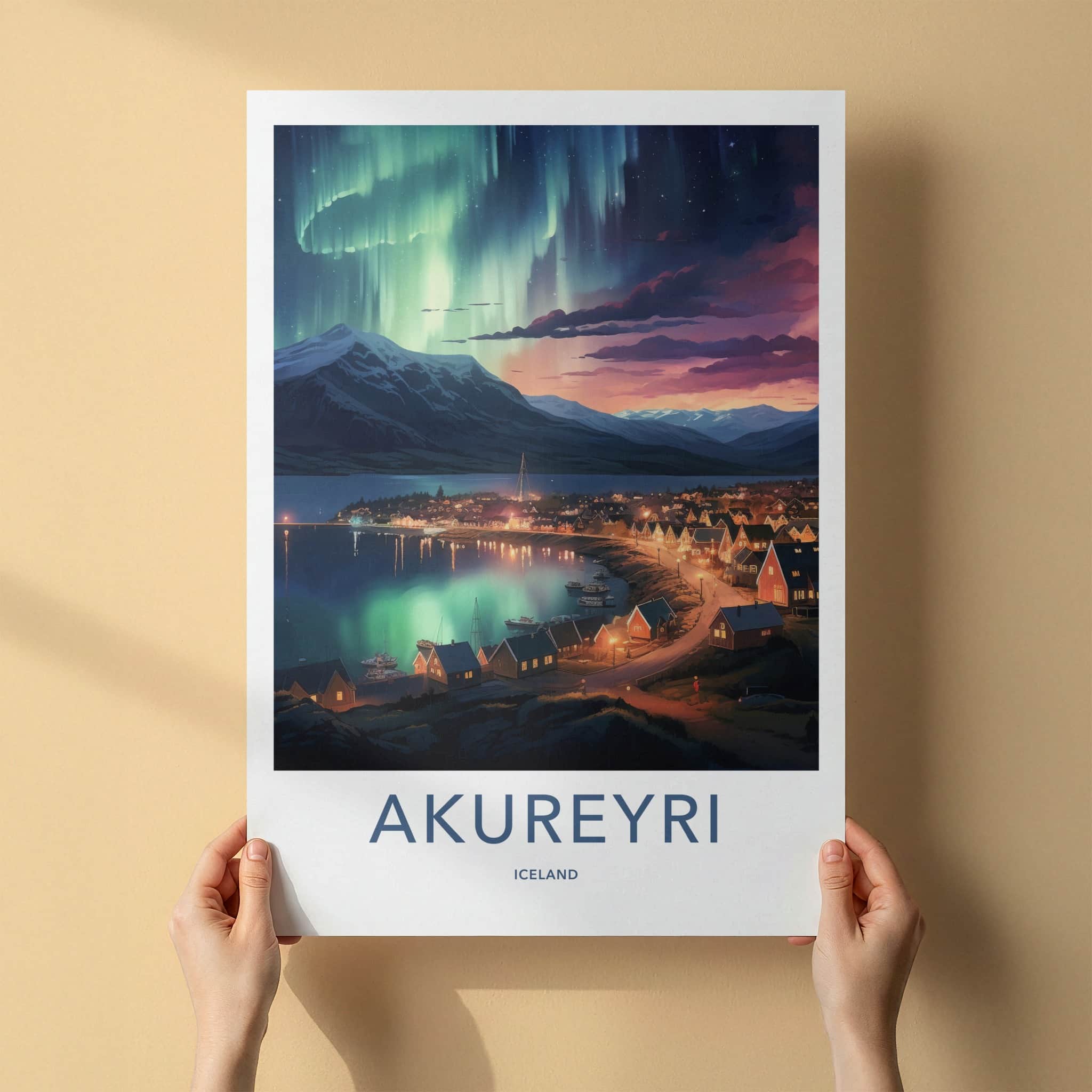 Akureyri Poster - Iceland Art Print - Northern Lights Town Wall Decor
