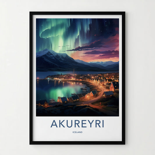 Akureyri Poster - Iceland Art Print - Northern Lights Town Wall Decor