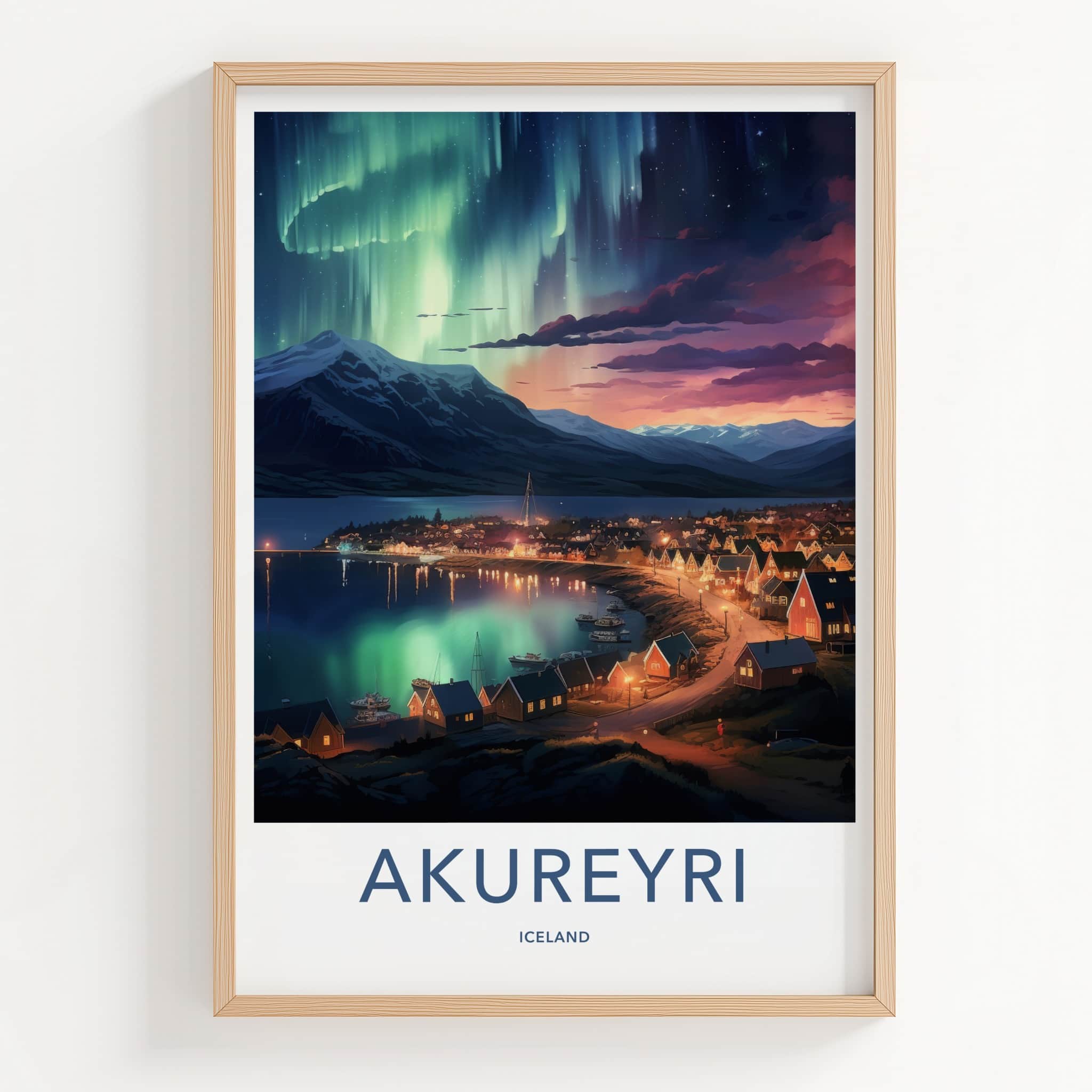 Akureyri Poster - Iceland Art Print - Northern Lights Town Wall Decor