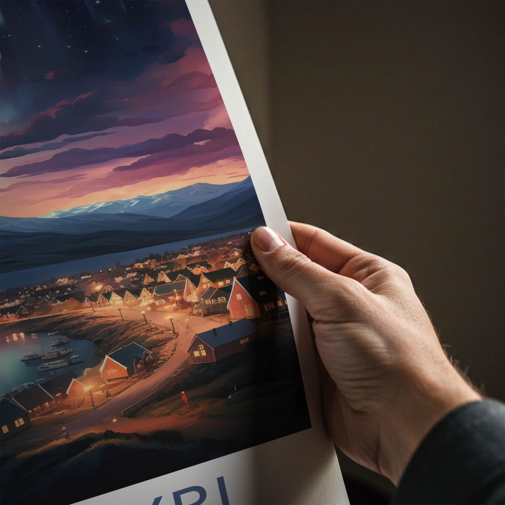 Akureyri Poster - Iceland Art Print - Northern Lights Town Wall Decor
