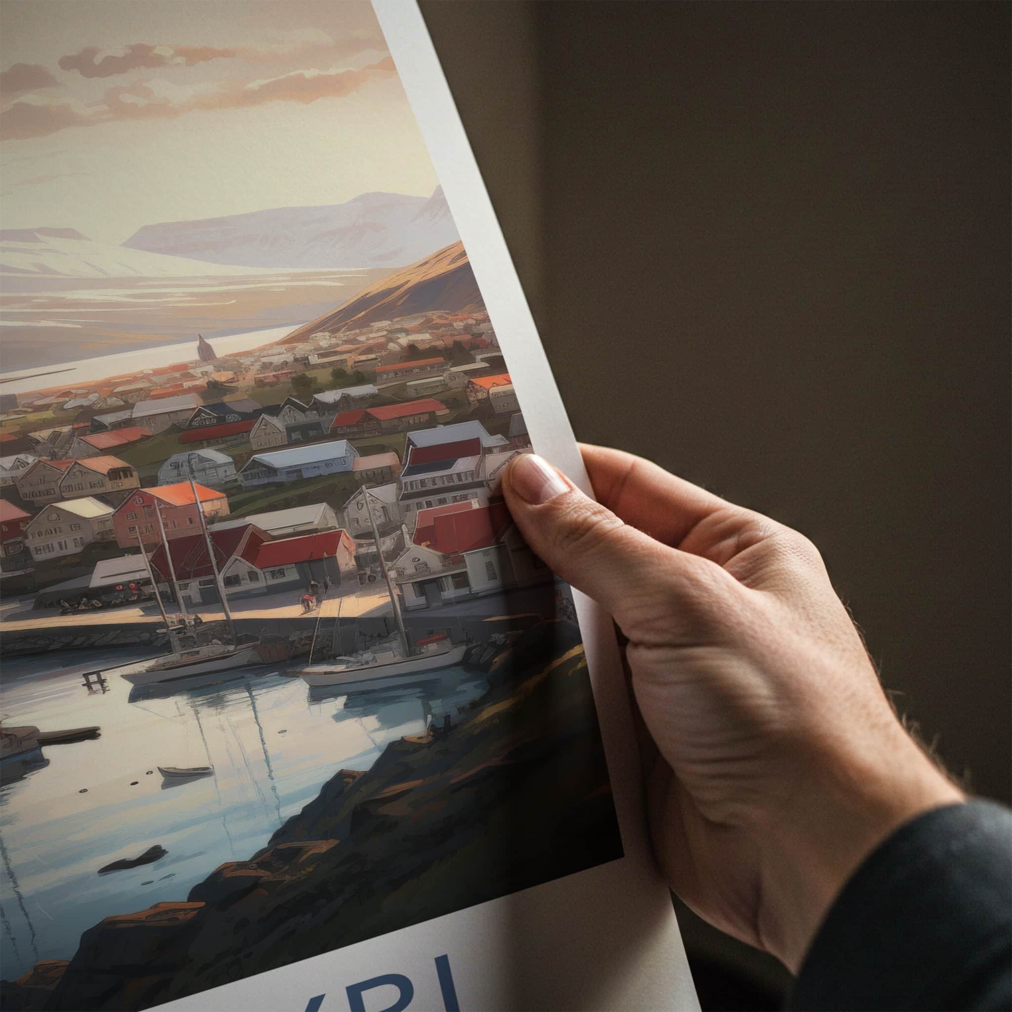 Akureyri Poster - Iceland Travel Art - Coastal Town Mountains Home Decor