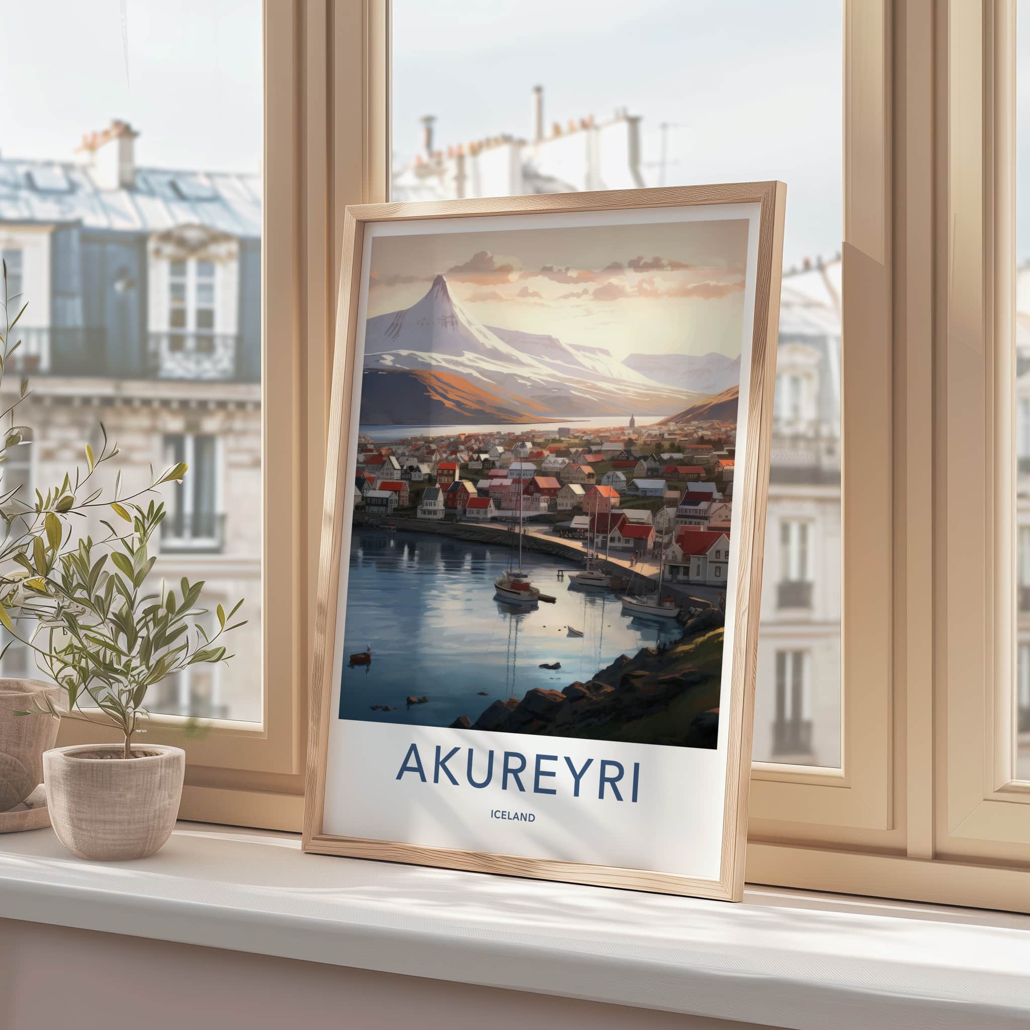Akureyri Poster - Iceland Travel Art - Coastal Town Mountains Home Decor