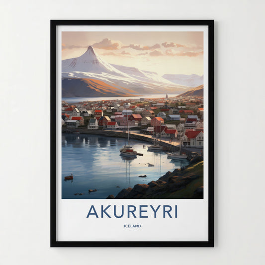Akureyri Poster - Iceland Travel Art - Coastal Town Mountains Home Decor
