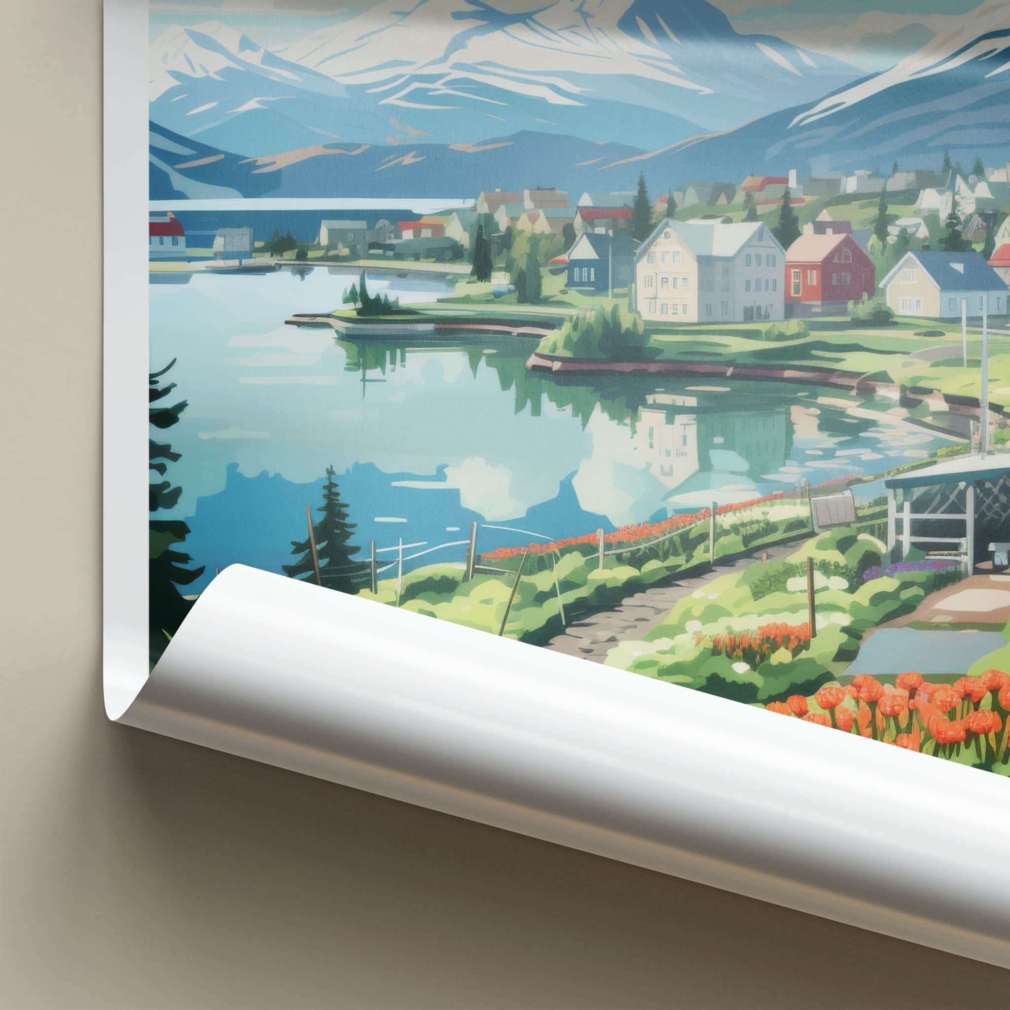 Akureyri Poster - Iceland Travel Art - Fjord Mountain Village Home Decor