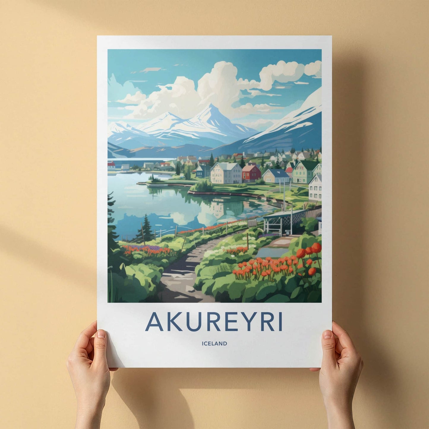 Akureyri Poster - Iceland Travel Art - Fjord Mountain Village Home Decor