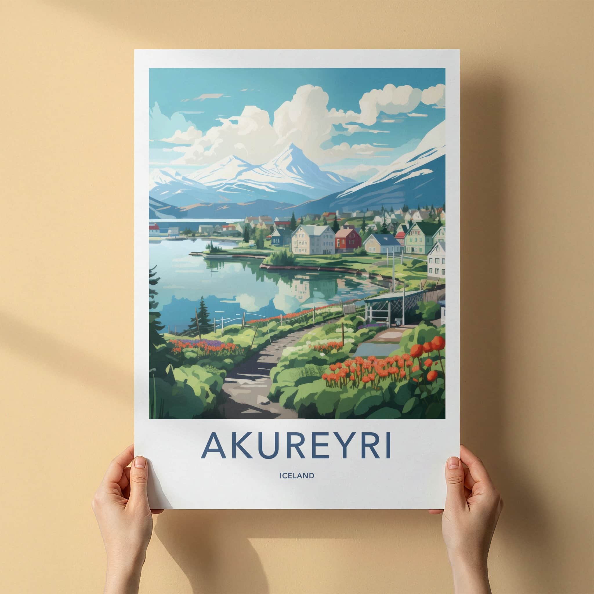Akureyri Poster - Iceland Travel Art - Fjord Mountain Village Home Decor