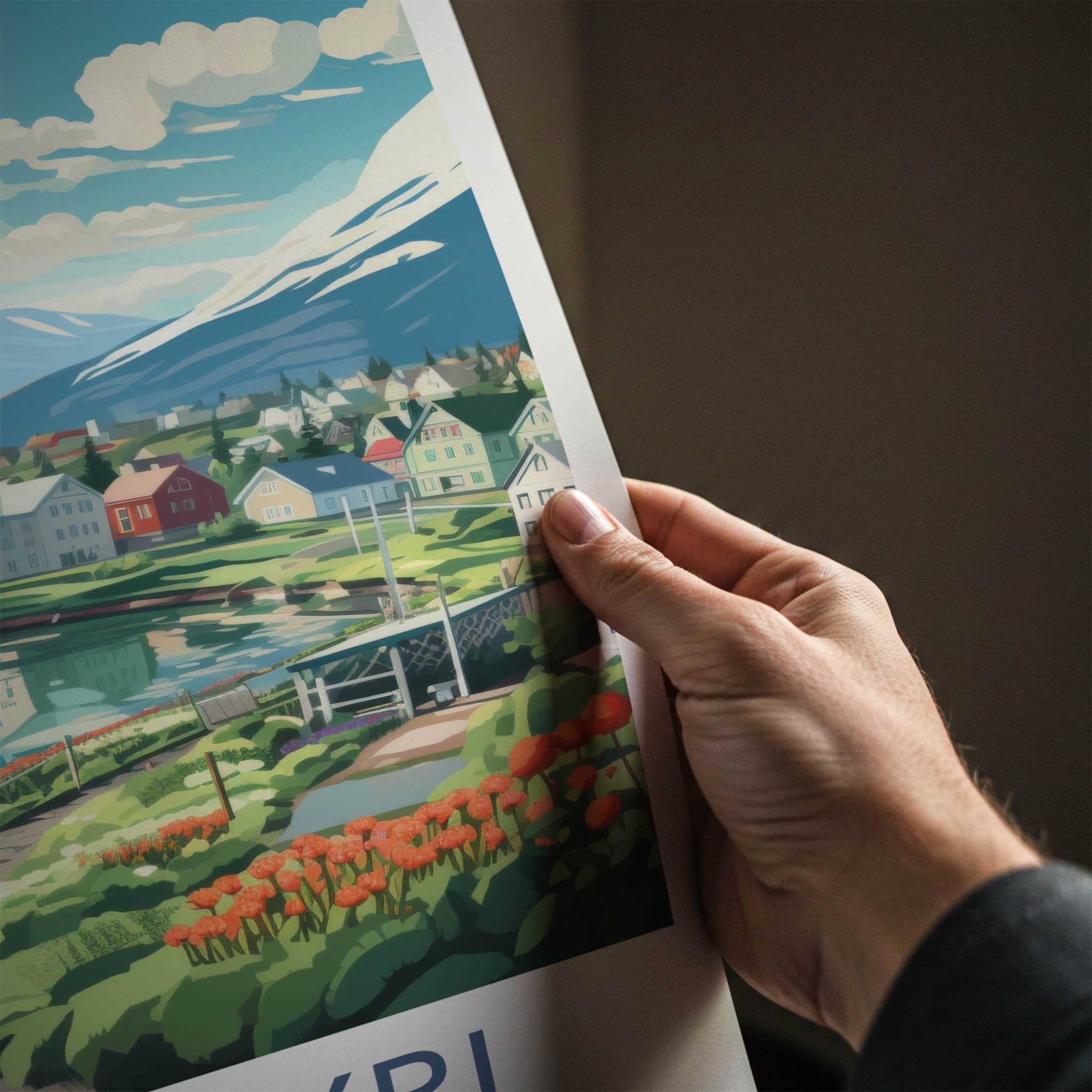 Akureyri Poster - Iceland Travel Art - Fjord Mountain Village Home Decor