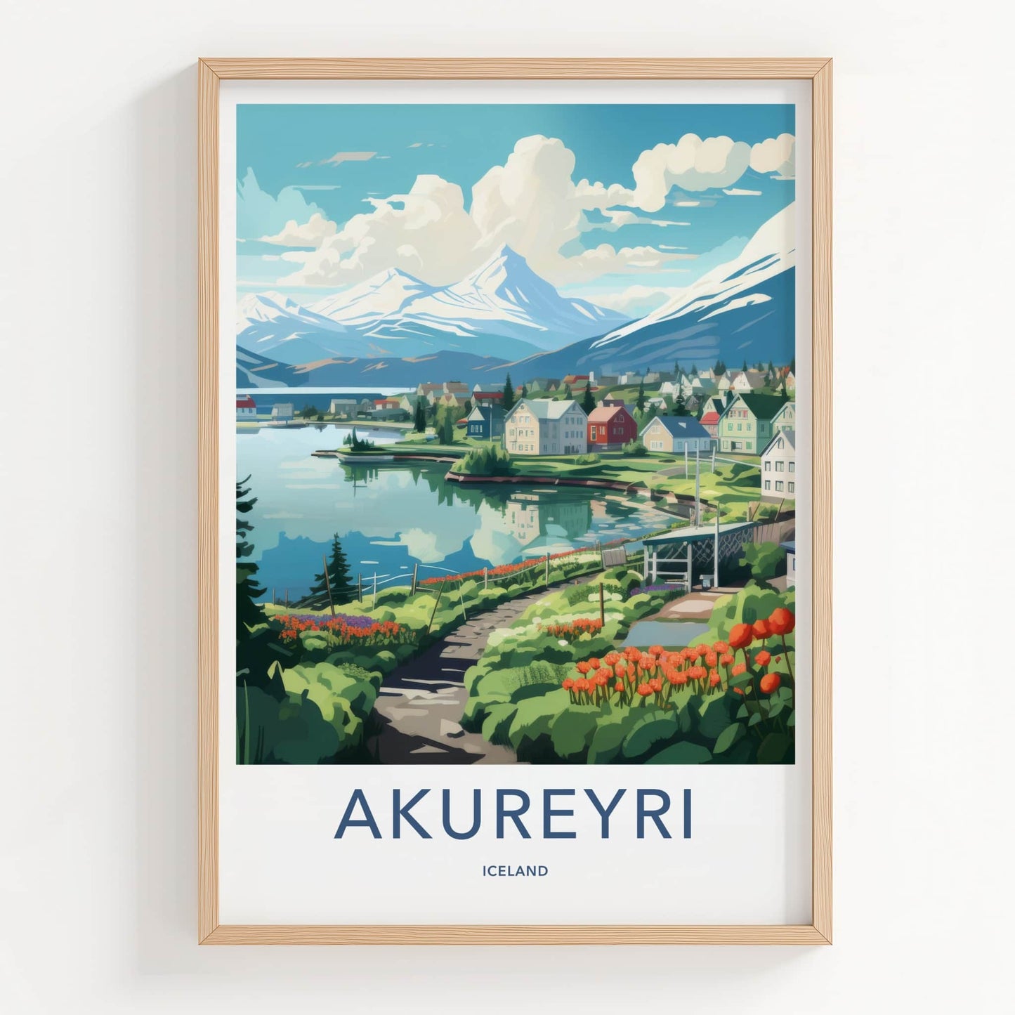 Akureyri Poster - Iceland Travel Art - Fjord Mountain Village Home Decor