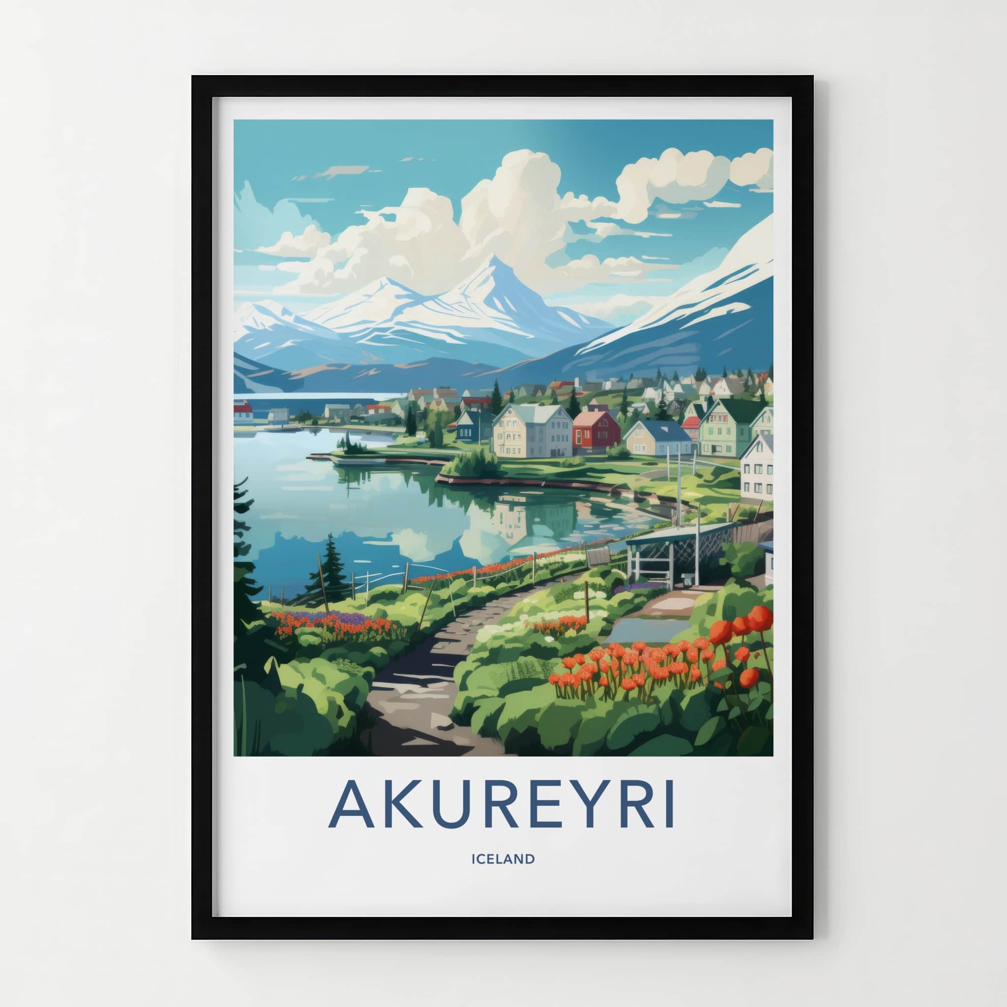 Akureyri Poster - Iceland Travel Art - Fjord Mountain Village Home Decor