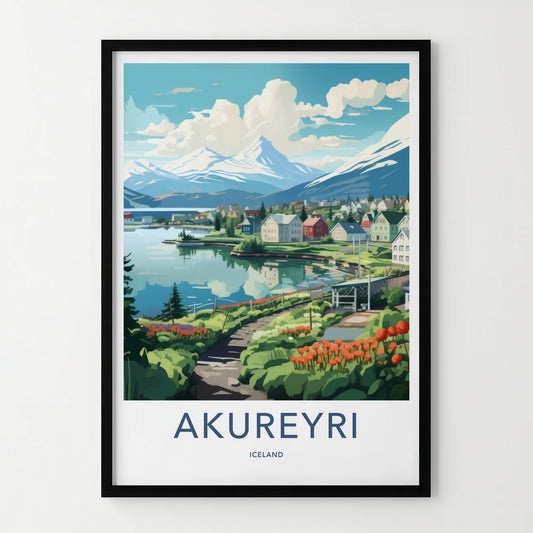 Akureyri Poster - Iceland Travel Art - Fjord Mountain Village Home Decor
