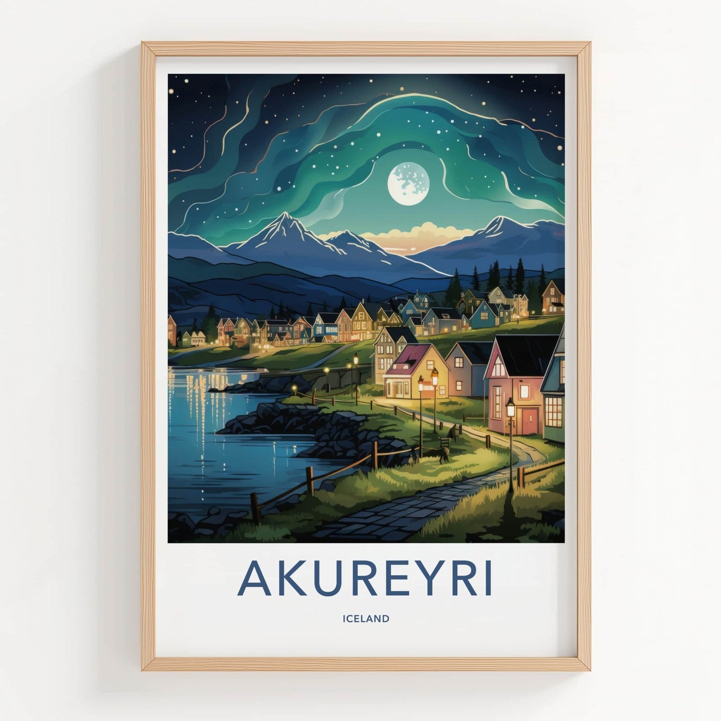 Akureyri Poster - Iceland Travel Art - Moonlit Village Fjord Home Decor
