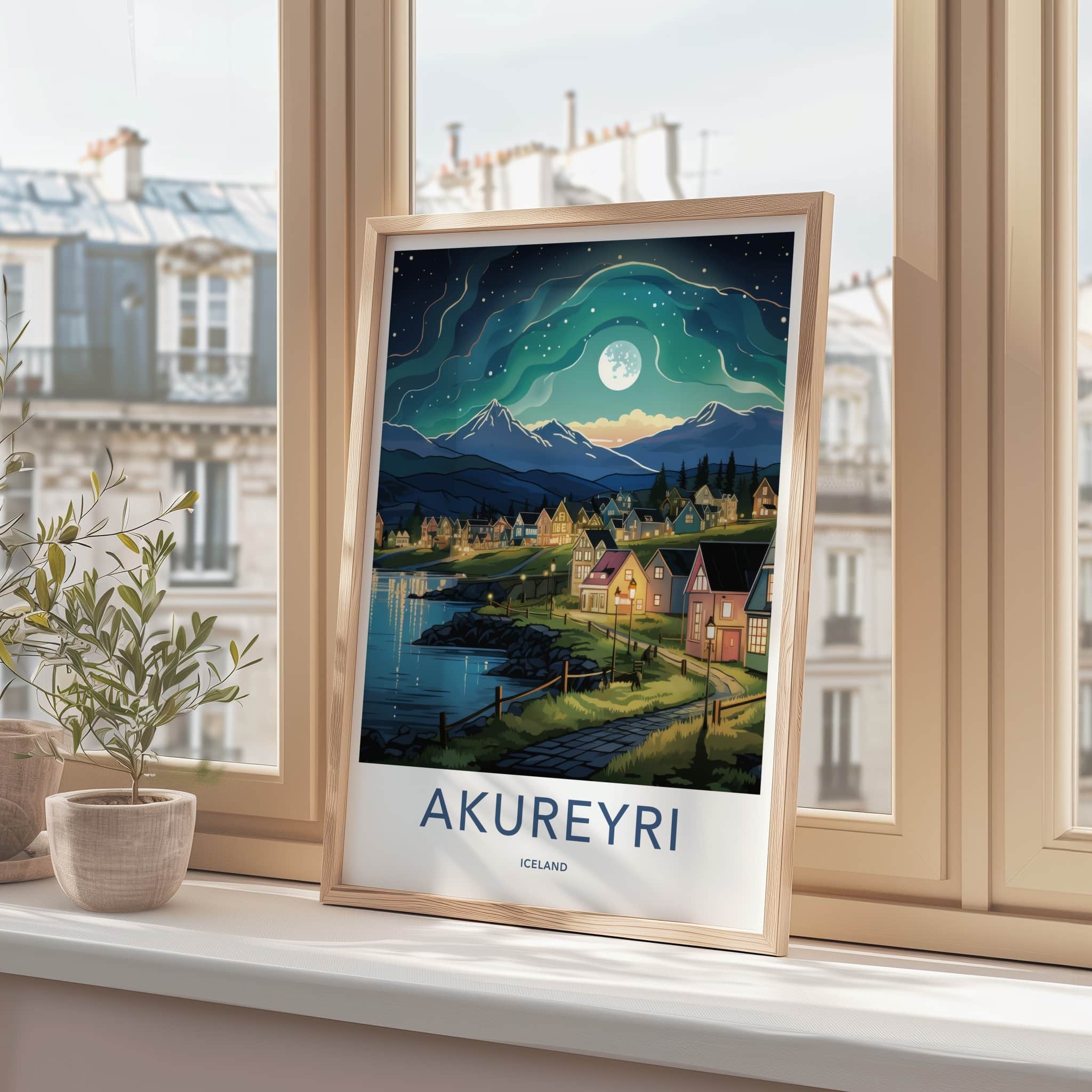 Akureyri Poster - Iceland Travel Art - Moonlit Village Fjord Home Decor