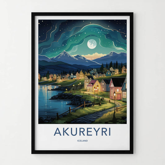Akureyri Poster - Iceland Travel Art - Moonlit Village Fjord Home Decor