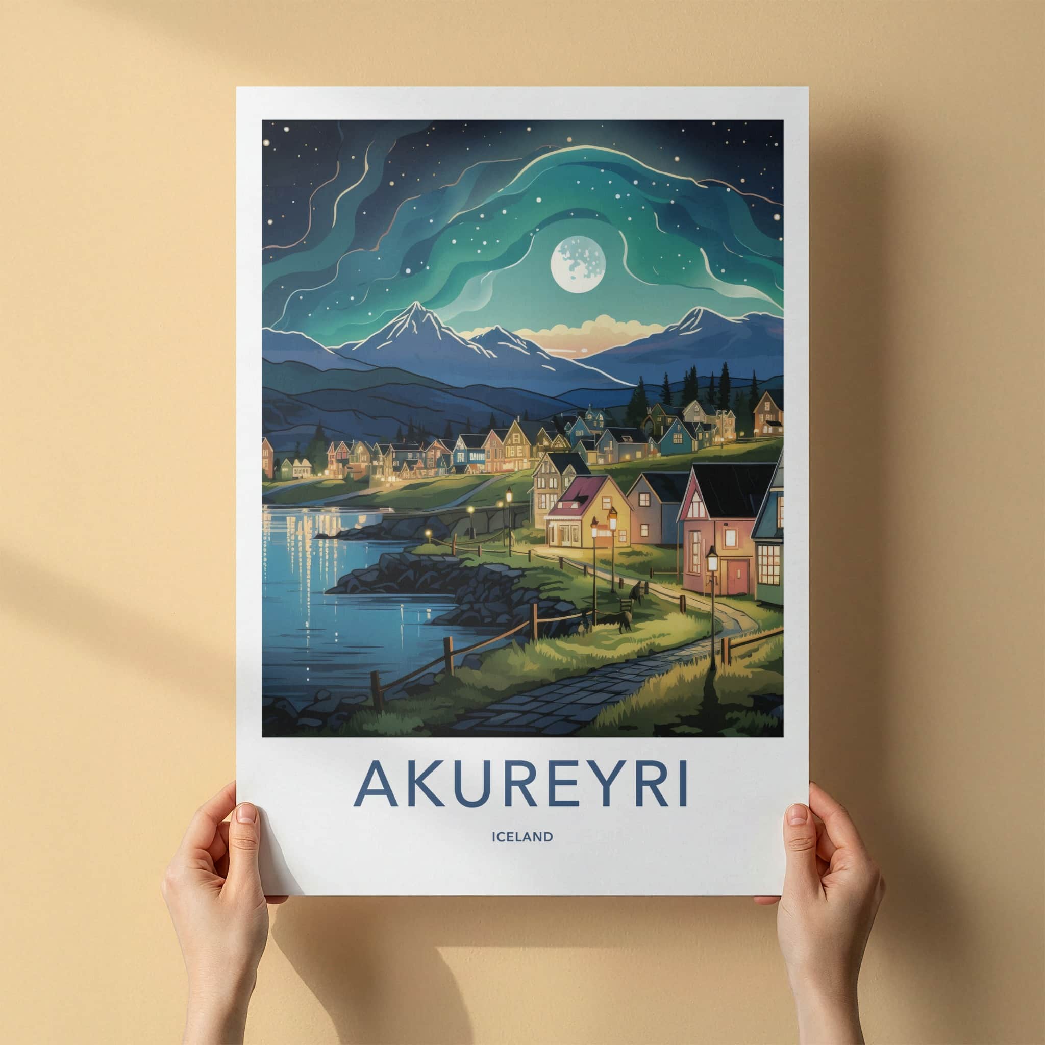 Akureyri Poster - Iceland Travel Art - Moonlit Village Fjord Home Decor