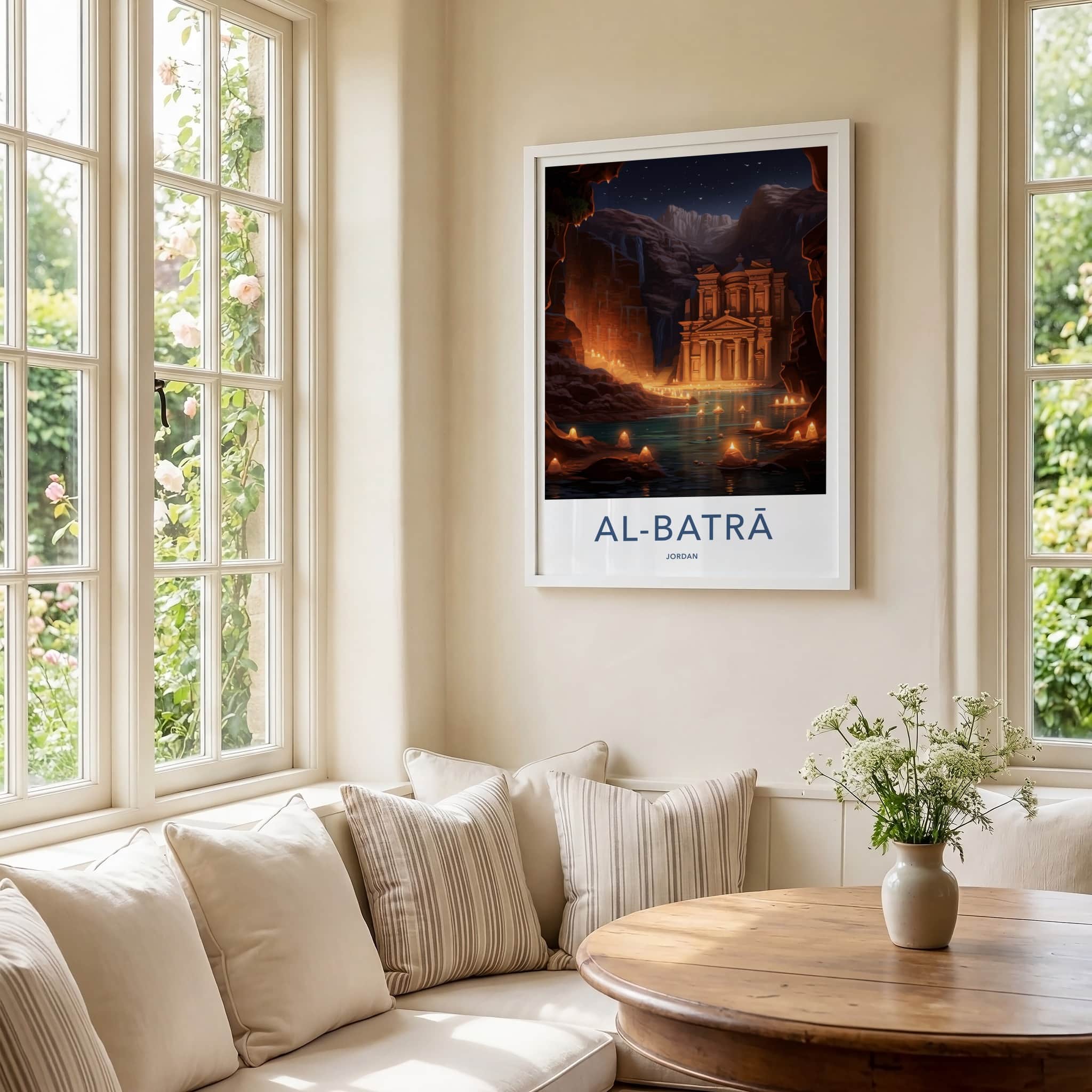 Al Batra Poster - Jordan Travel Art - Illuminated Temple Cave Home Decor