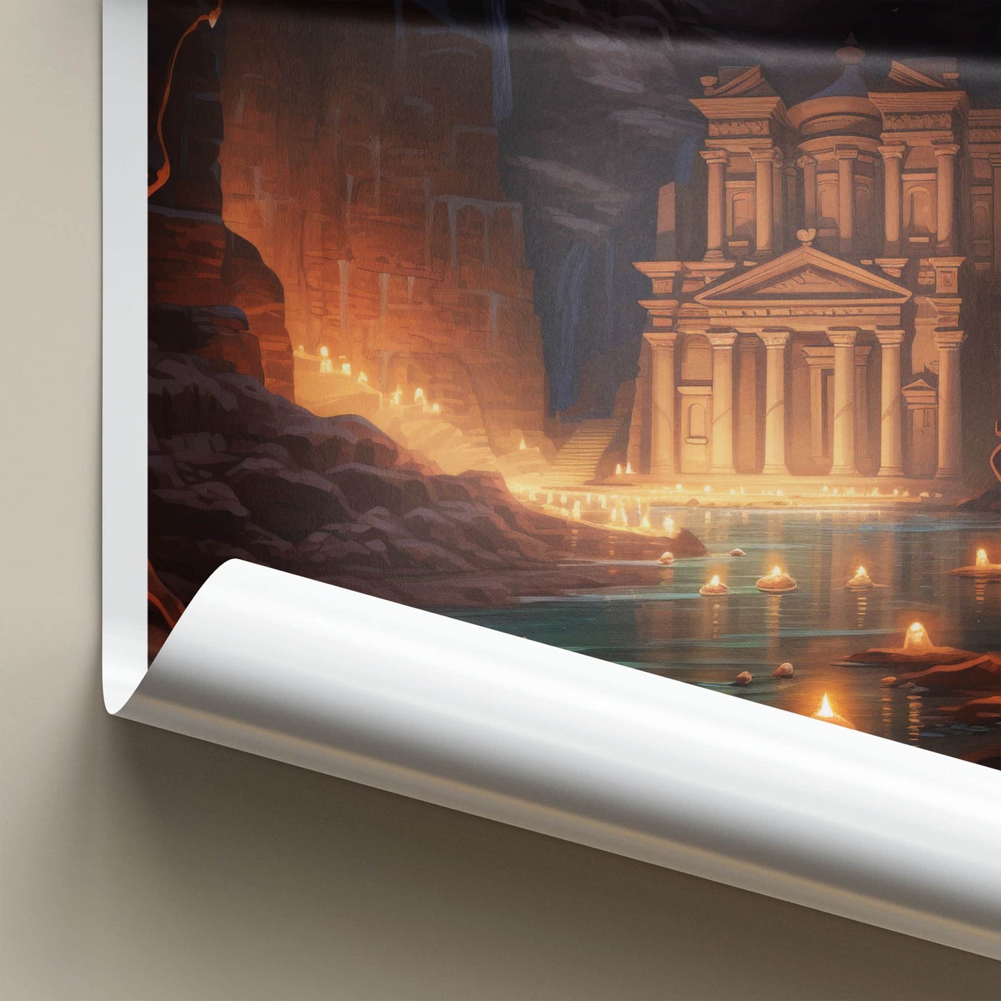 Al Batra Poster - Jordan Travel Art - Illuminated Temple Cave Home Decor
