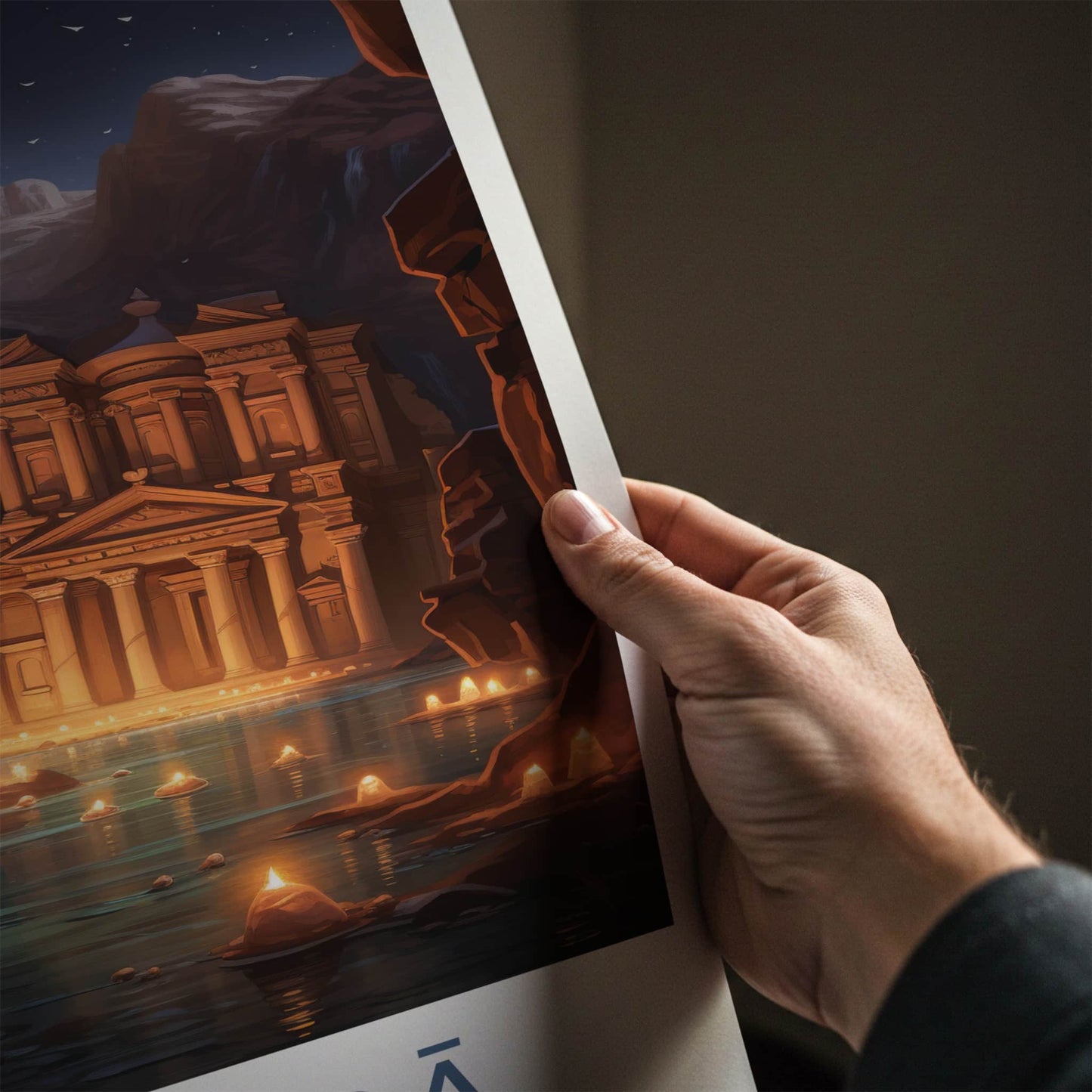 Al Batra Poster - Jordan Travel Art - Illuminated Temple Cave Home Decor