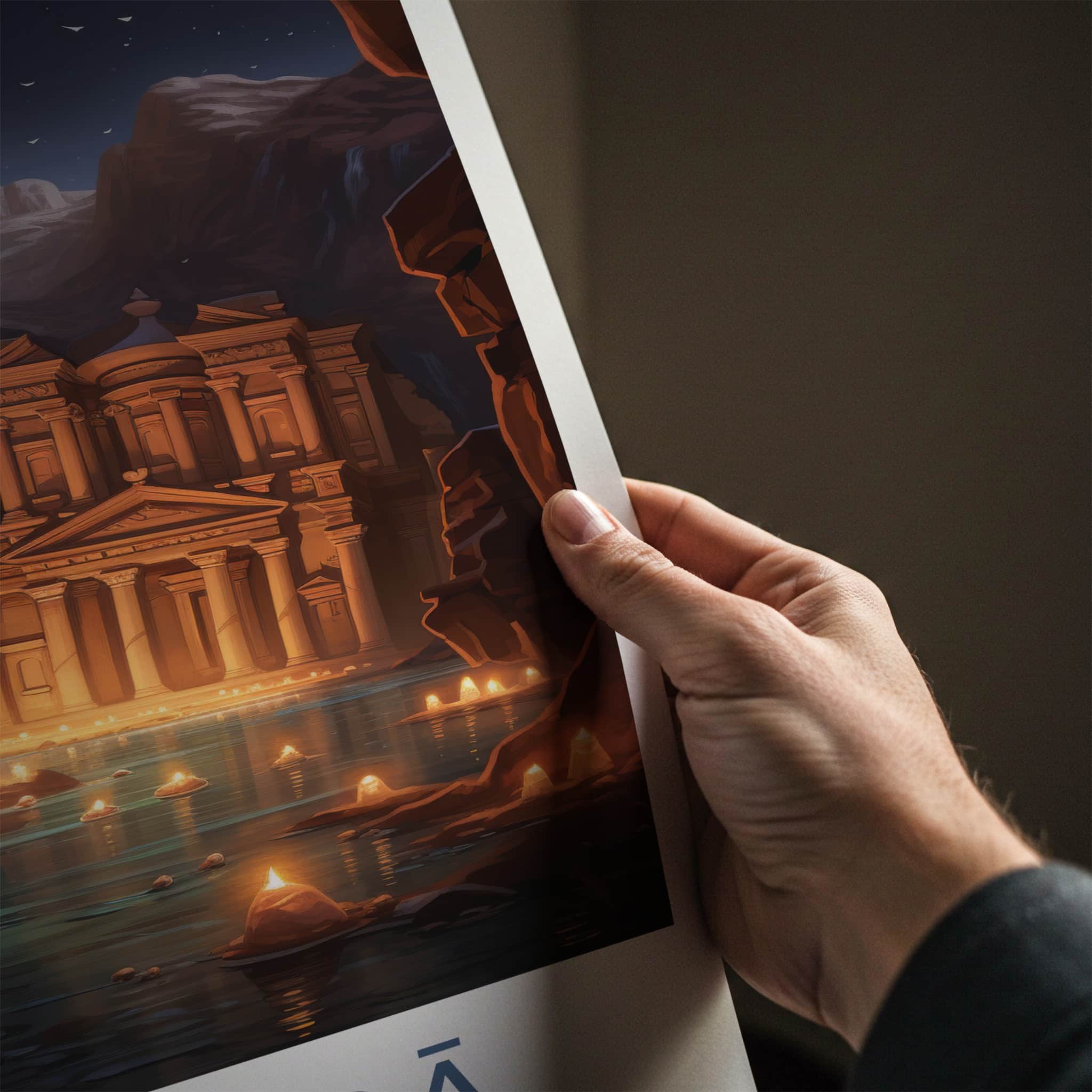 Al Batra Poster - Jordan Travel Art - Illuminated Temple Cave Home Decor