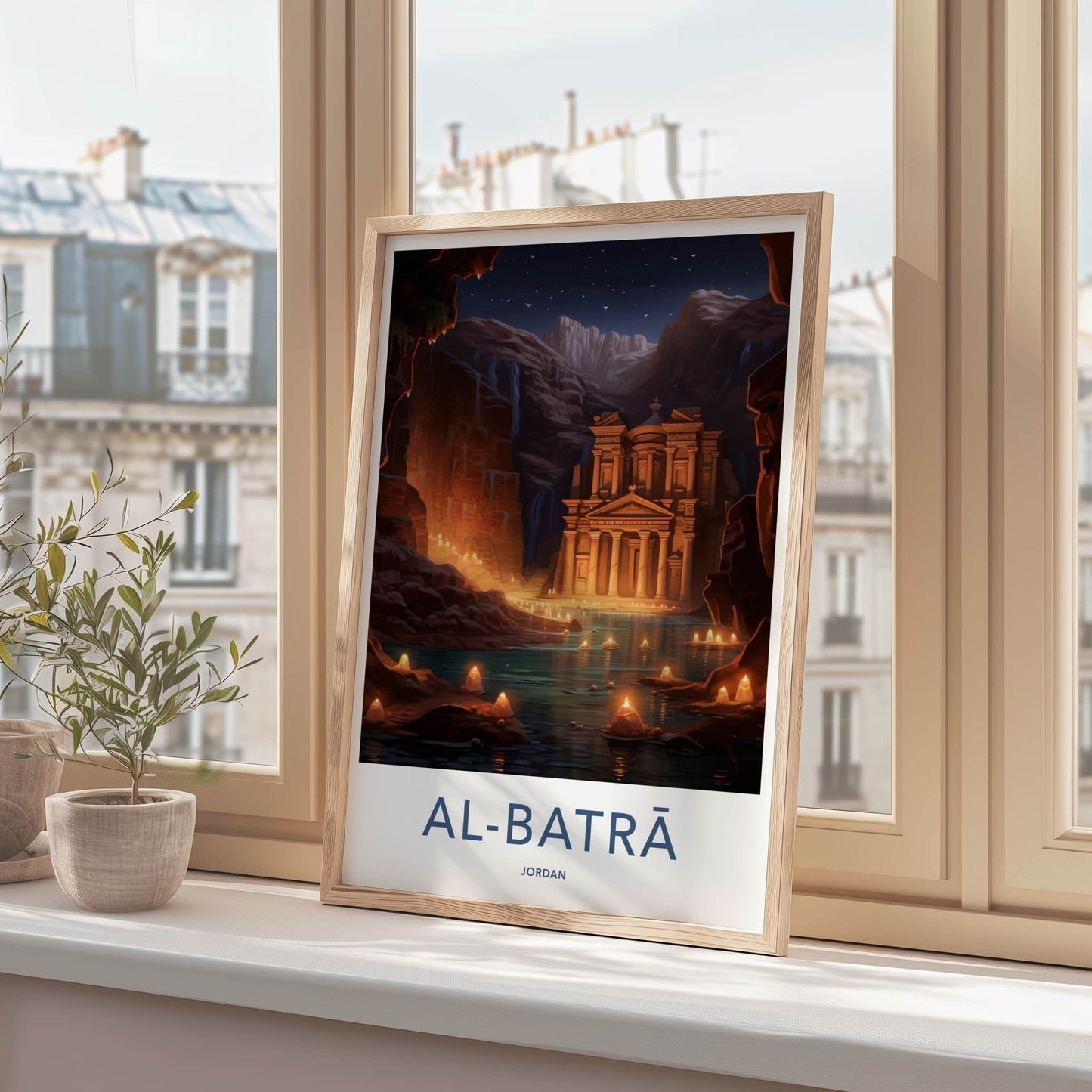 Al Batra Poster - Jordan Travel Art - Illuminated Temple Cave Home Decor