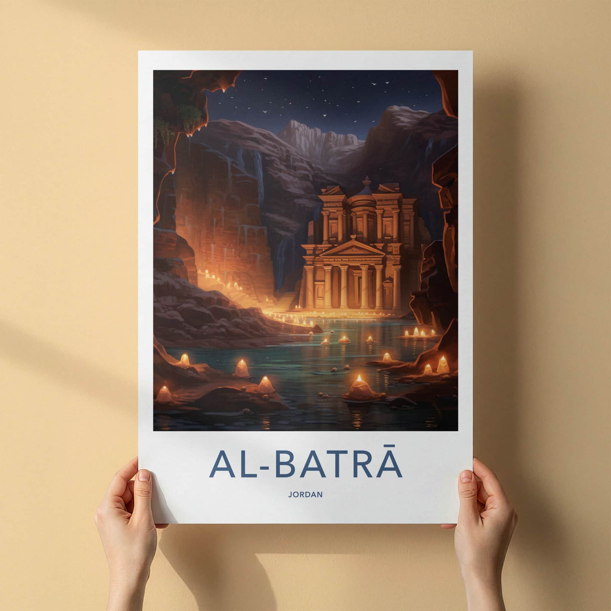 Al Batra Poster - Jordan Travel Art - Illuminated Temple Cave Home Decor
