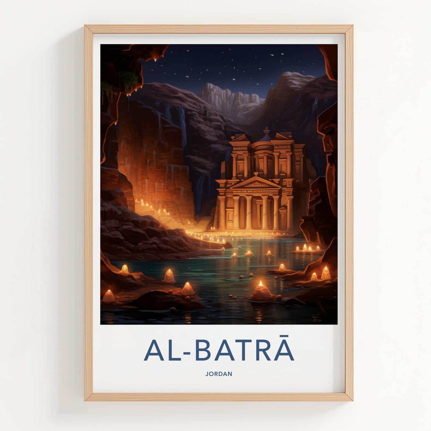 Al Batra Poster - Jordan Travel Art - Illuminated Temple Cave Home Decor