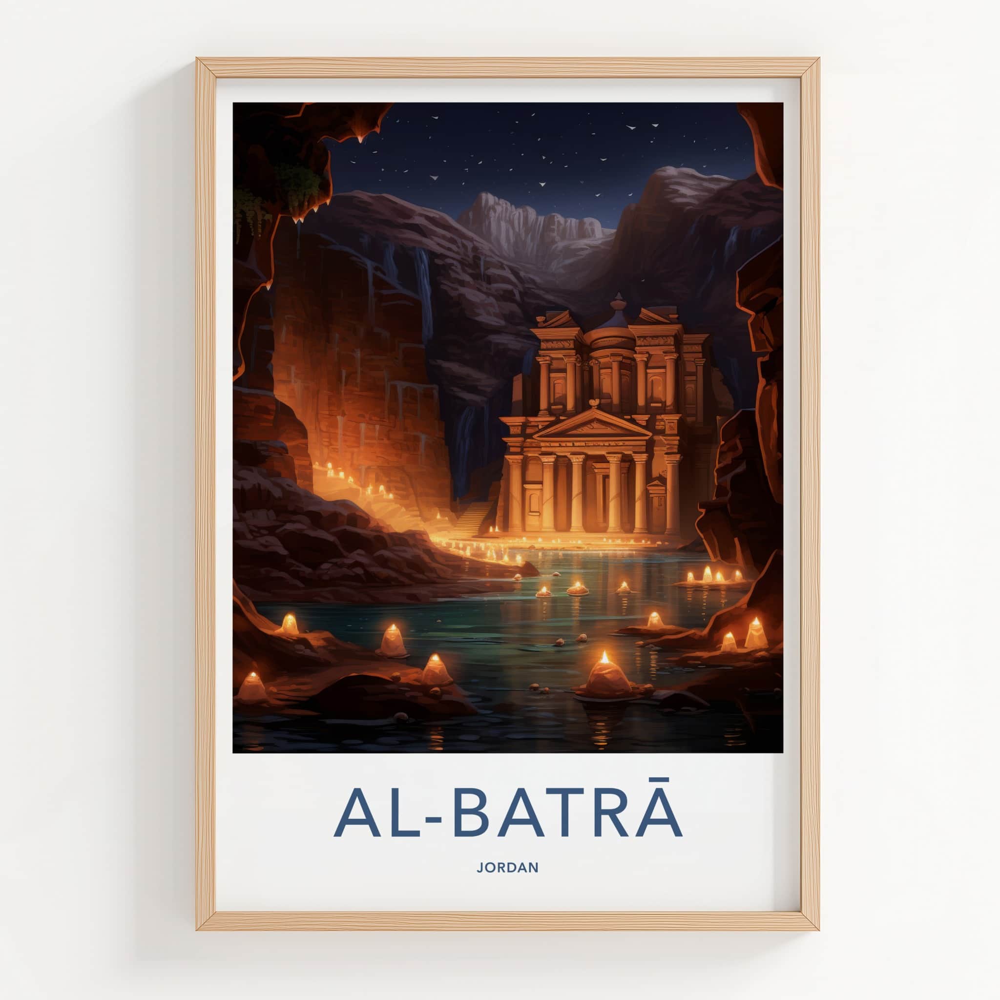 Al Batra Poster - Jordan Travel Art - Illuminated Temple Cave Home Decor
