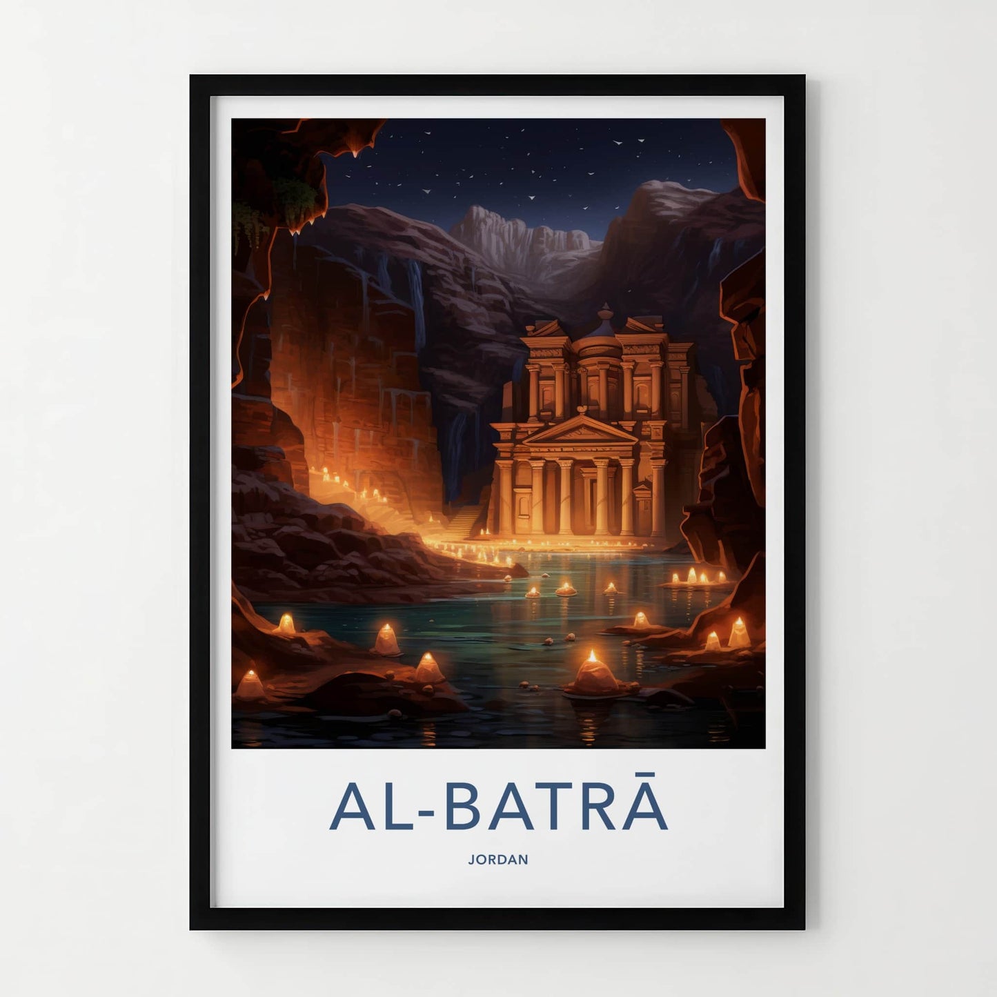 Al Batra Poster - Jordan Travel Art - Illuminated Temple Cave Home Decor
