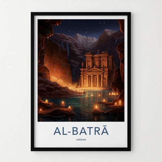 Al Batra Poster - Jordan Travel Art - Illuminated Temple Cave Home Decor
