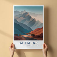 Al Hajar Poster - Oman Travel Illustration - Winding Desert Road Home Decor