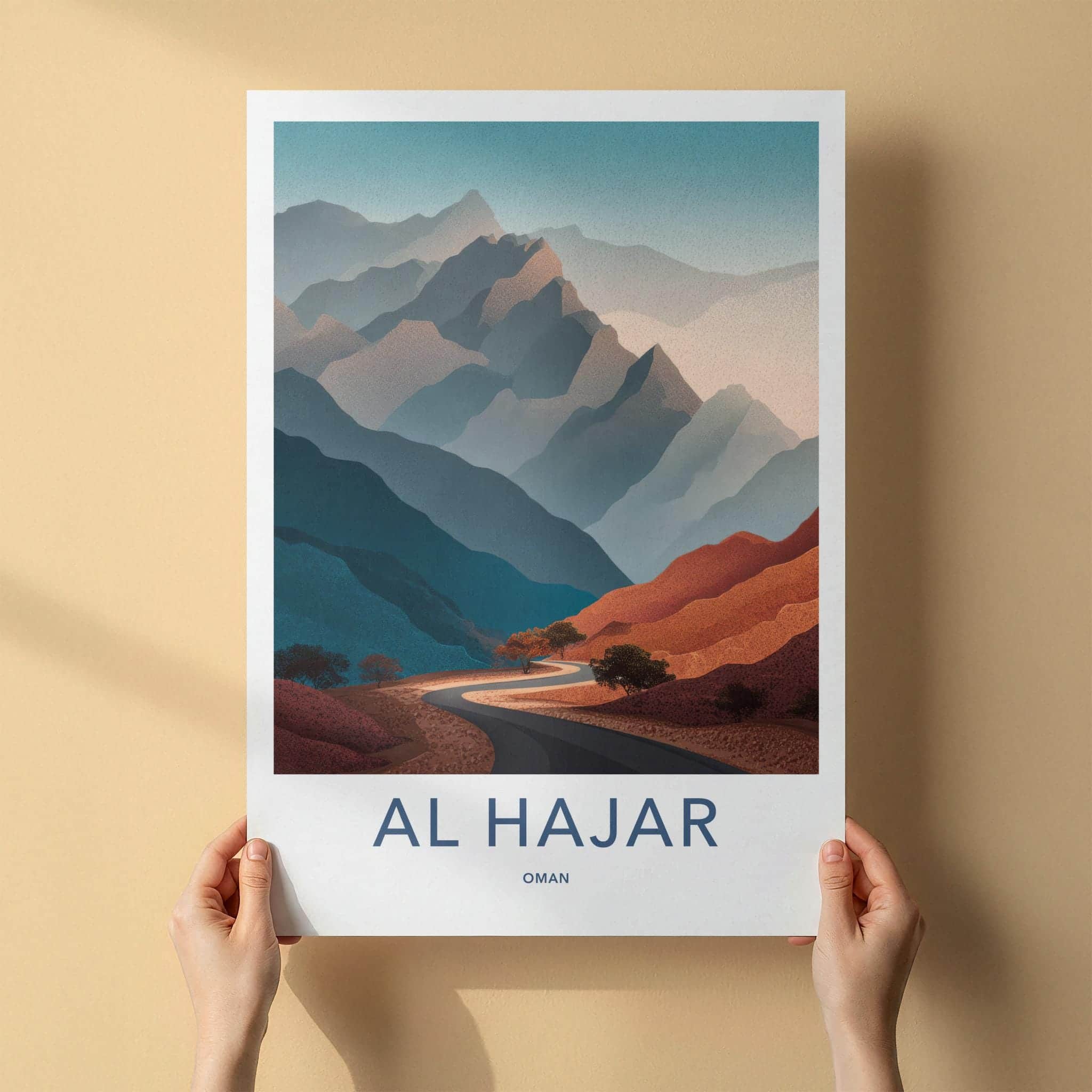 Al Hajar Poster - Oman Travel Illustration - Winding Desert Road Home Decor