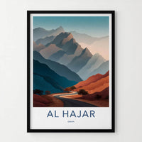 Al Hajar Poster - Oman Travel Illustration - Winding Desert Road Home Decor