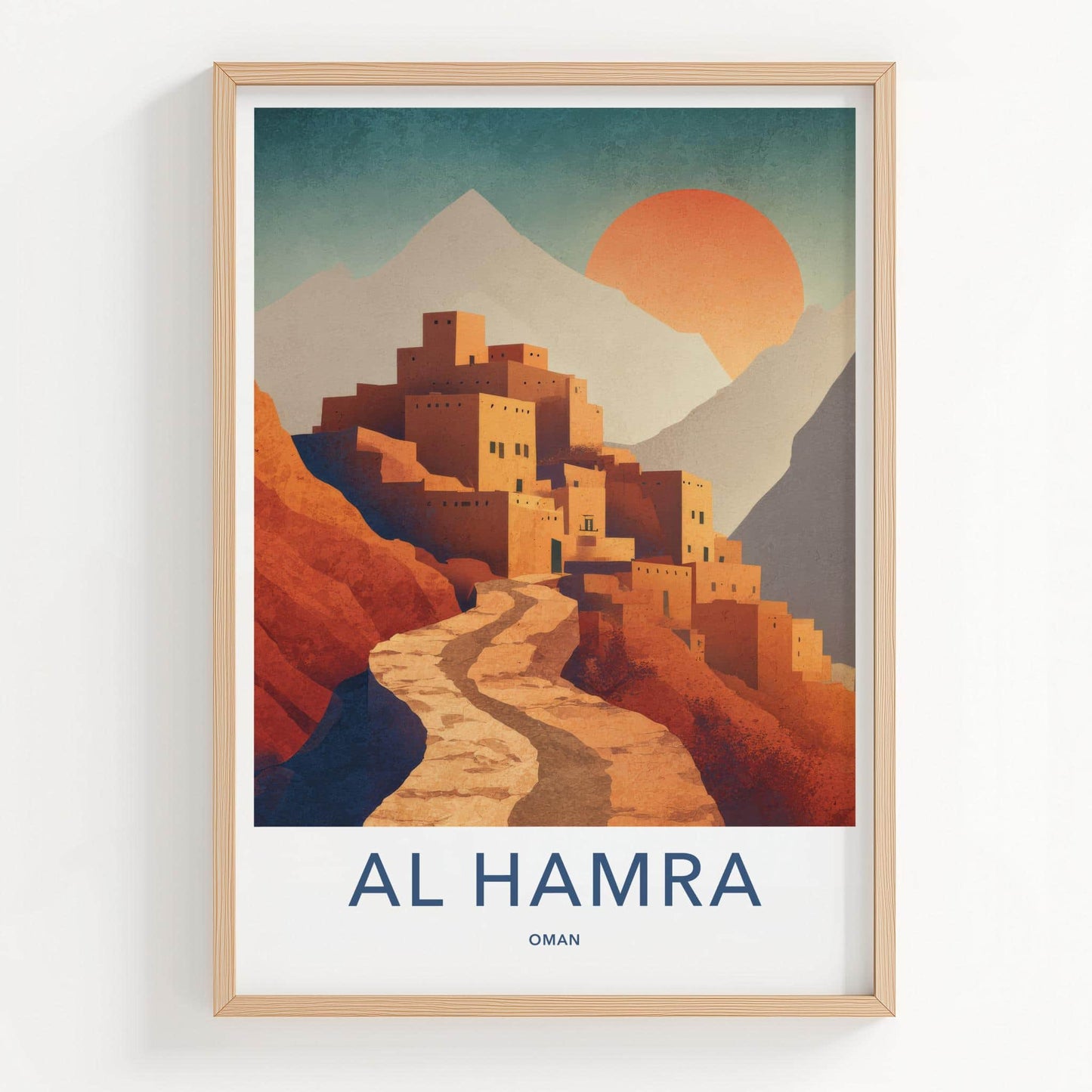 Al Hamra Poster - Oman Travel Illustration - Terraced mud village Home Decor