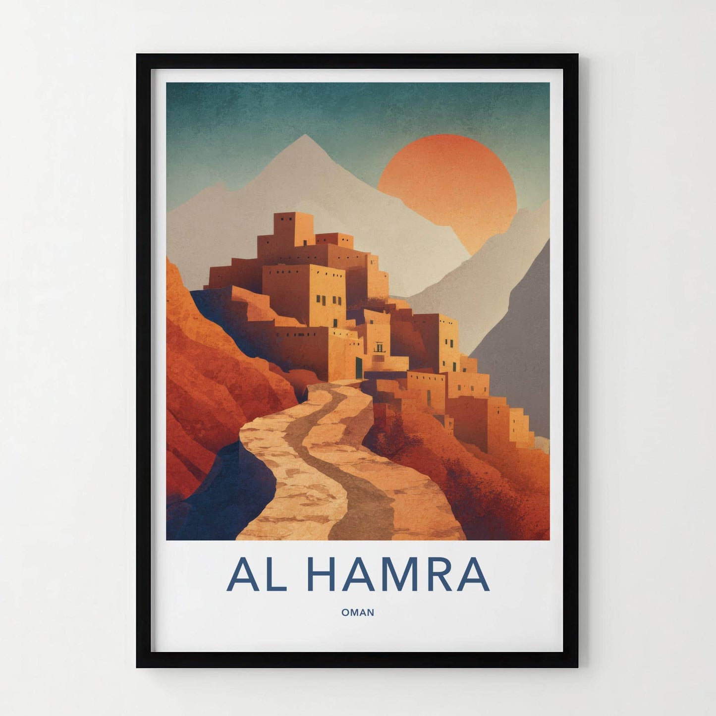 Al Hamra Poster - Oman Travel Illustration - Terraced mud village Home Decor